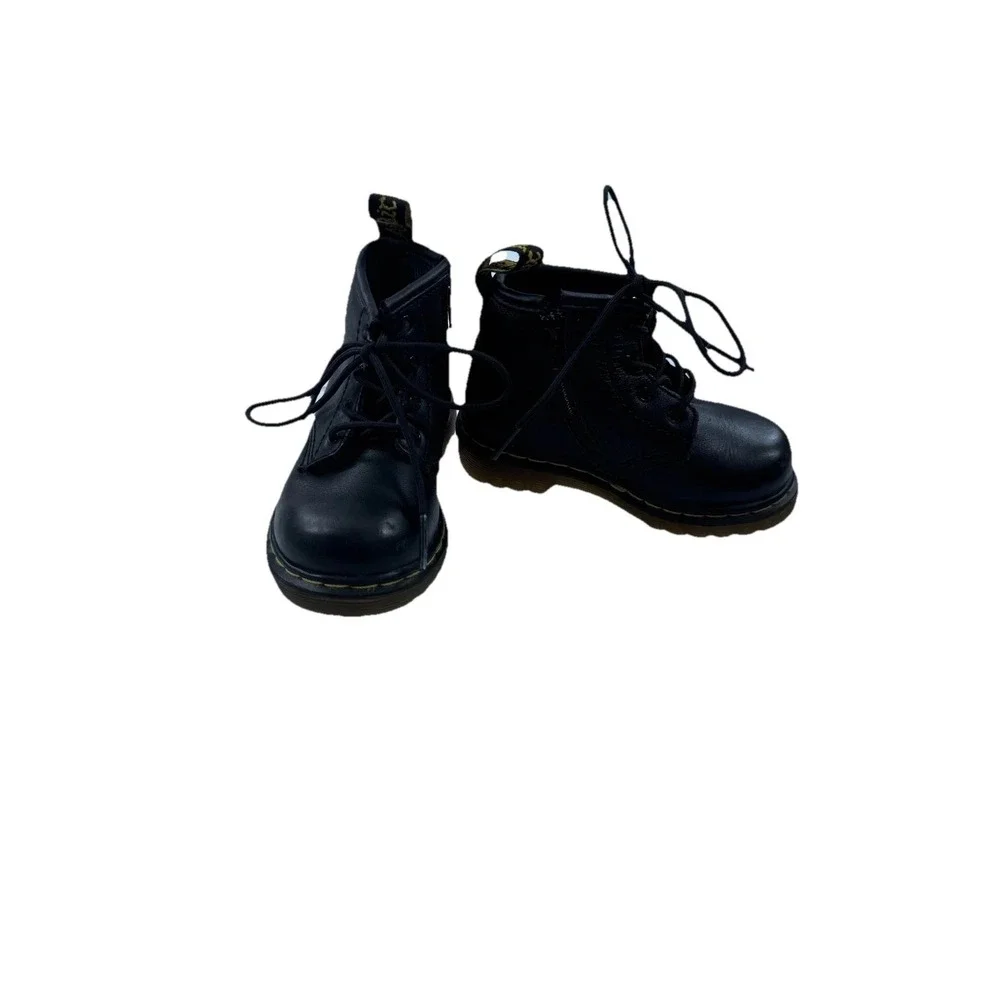 Dr. Martens Brookline Combat Boots Kid 6 Black Leather Lace Up Ankle Side Zipper